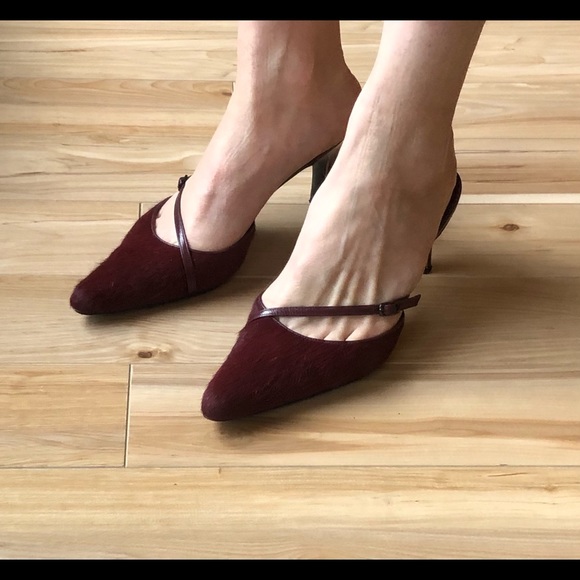 Wine red pointed toe pony hair mules - Picture 7 of 11